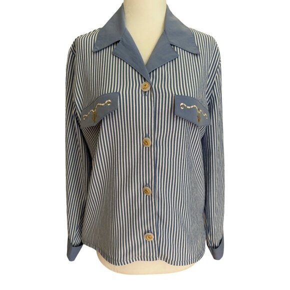 Vintage Regal Blue + White Striped Nautical Button Down Women's Shirt Size XS - Picture 1 of 12
